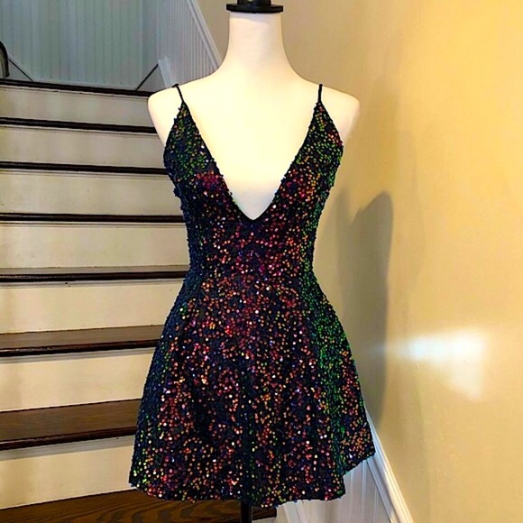Lucy in the Sky Dresses & Skirts - LUCY IN THE SKY Los Angeles Rainbow Black Sequin Mini Dress Sz Small